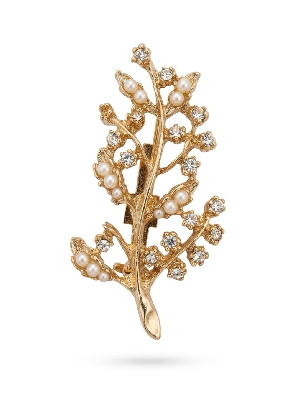 Vintage Gold Pearl & Crystal Branch Brooch - Elegant Women’s Jewelry